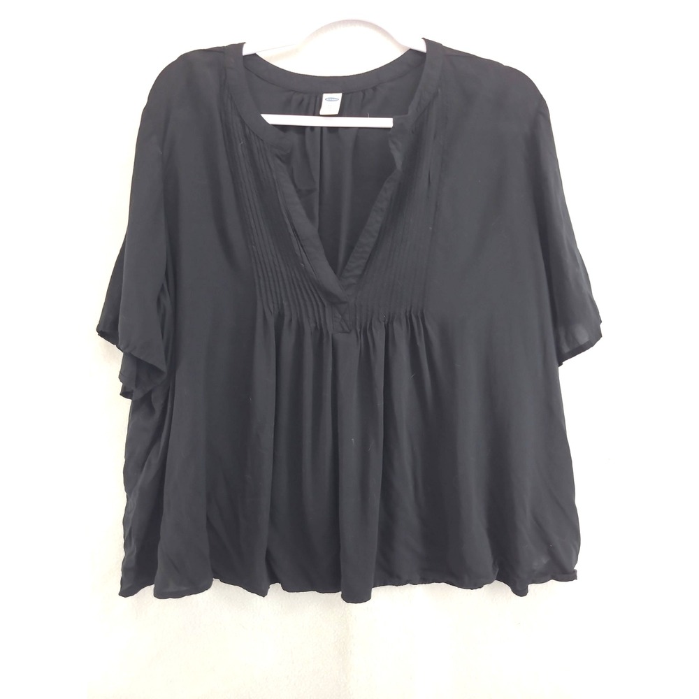 Old Navy 2X Flowy Blouse Pintuck Pleats V-Neck Split Neck short sleeve